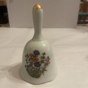 Vintage Porcelain Floral Bell Gold Tipped Handle Butterfly Ceramic‎ Spring Flora